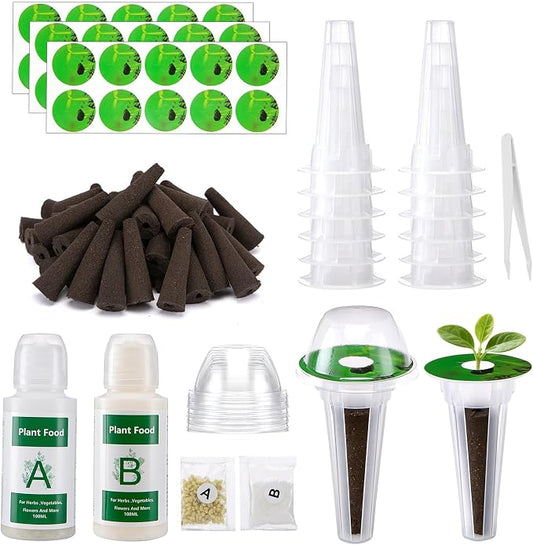 129Pcs Hydroponic Pods Kit with A&B Plant Food, 50 Grow Sponges, 50 Plant Labels, 12 Grow Baskets, 12 Grow Domes and 1 Tweezers - Indoor Hydroponics Supplies