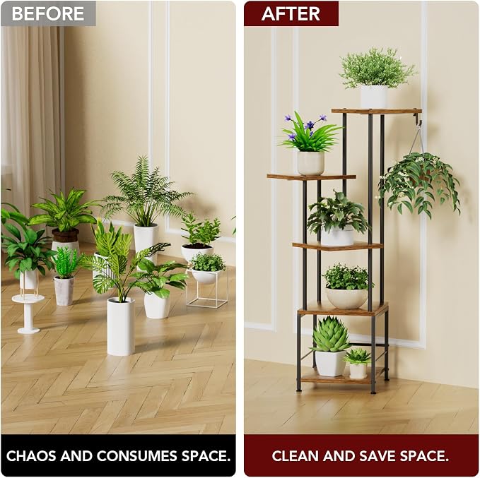Homsorout Plant Stand Indoor with Grow Light - 5-Tier Metal Plant Shelf with Hanging Basket Hook, Corner Tall Flower Holder for Multiple Plants, Living Room Balcony Garden Patio, Rustic