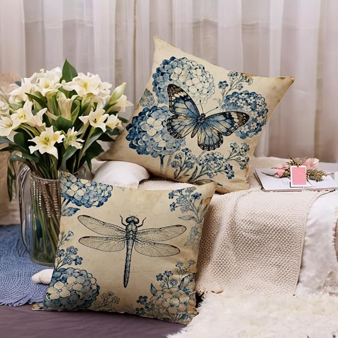 Vintage Floral Animals Pillow Covers 18x18 Inch 4 Pack, Butterfly Bird Bee Dragonfly Rustic Cottagecore Cushion Cases, Farmhouse Retro Flower Home Decor Pillow Cases for Sofa Bedroom Decor (Navy Blue)