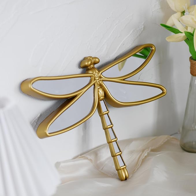 Decorative Golden Dragonfly Wall Mirror, Plastic Frame with Mirrored Wings (12.4 x 9.3 inches)