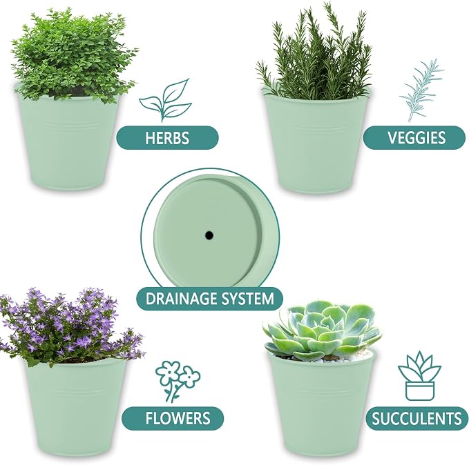 Indoor Herb Garden Set of 3 with Tray and 3 Types of Gardening Tools, Metal Plant Pots Herb Garden Planter Kit with Drainage for Plants (Green)