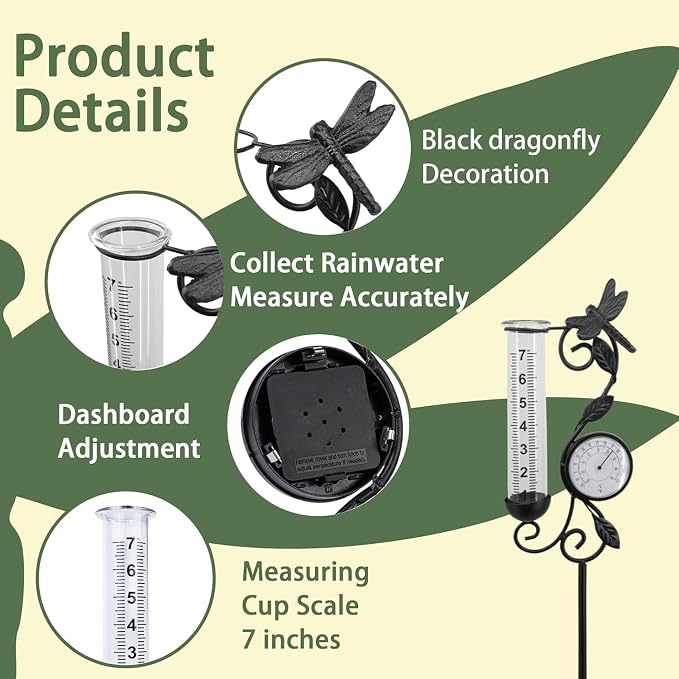 Rain Gauge Outdoor, Black Dragonfly Rain Gauge with Thermometer for Measuring Precipitation, Garden Decoration,Yard Garden Patio Lawn (Black Dragonfly)