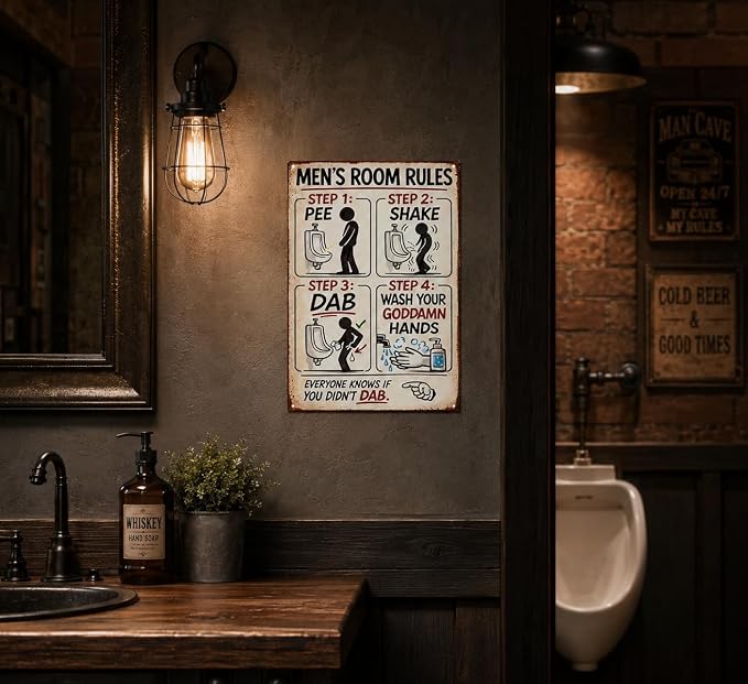 Men's Room Rules Funny Metal Sign, Vintage Bathroom Humor Wall Decor, Retro Restroom Step Guide Plaque for Man Cave Garage Bar Home Bathroom Decor 8x12 Inch