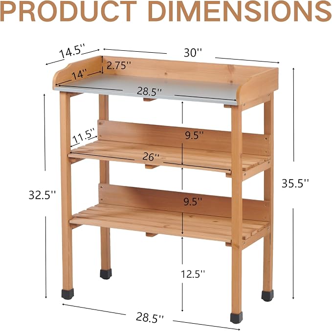 Outdoor Potting Table 30x14.5x35.5 Inches, Metal Top Workbench with 3 Layers and Hooks, Solid Wood Garden Workstation for Garage Use