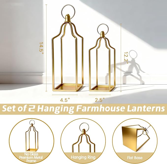 Rustic Farmhouse Decor Metal Lantern Set of 2 Decorative Lanterns for Home Indoor Outdoor Living Room, Fireplace, Patio, Wedding & Kitchen Table Centerpieces (Glod, 14.5" 12.2")