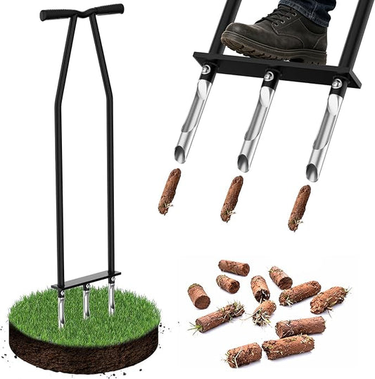 VASALAID Lawn Aerator Tool, Manual Core Lawn Aerator with 3 High Strength Stainless Steel Tines, Less Prone to Clogging Heavy Duty Grass Aerating Tool for Keep Your Lawn and Garden Healthy