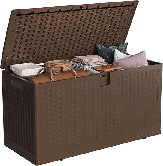 IDEALHOUSE 73 Gallon Resin Deck Box, Waterproof Outdoor Storage Box with Lockable Lid & UV Resistant, Patio Furniture Cushion Storage Container for Garden, Backyard, Poolside (Brown)