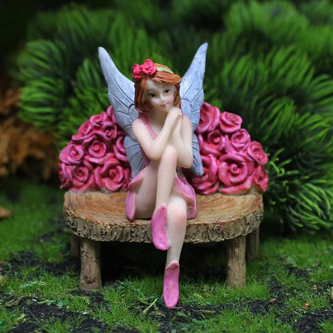 Miniature Garden Fairy Figurines Set, 4 Piece Fairy Garden Accessories with Flower Chair, Cute Fairies Gifts for Outdoor Fairy Garden Decor