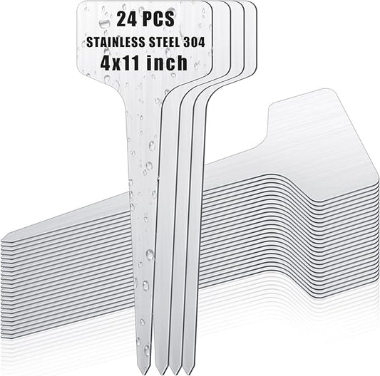 Hicarer 24 Pcs Medium Extended Size Metal Plant Labels Weatherproof Garden Markers 11" x 4" Engraving Stainless Steel 304 T-Type Reusable Nursery Plant Tags for Outdoor Garden Greenhouse Vegetables
