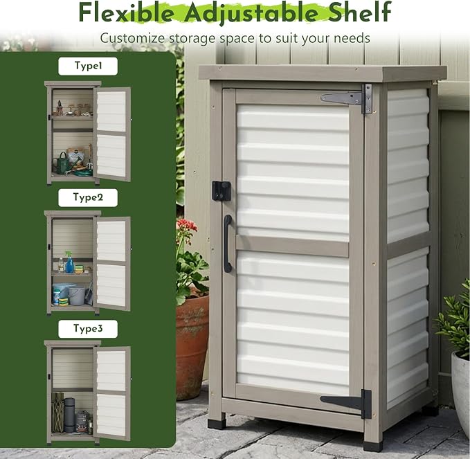 Small Outdoor Storage Cabinet with Waterproof Metal Top, White Wood & Plastic Potting Bench Table with Removable Shelf, Outside Cabinets Work Station for Patio, Balcony,17.9''x17.9''x33.5''