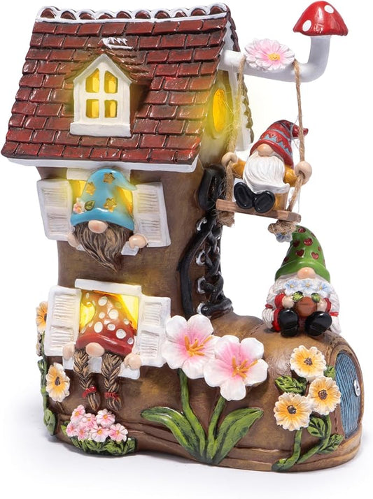 Hodao Spring Solar Gnomes Garden Decor - Whimsical Shoe House with Swinging Gnome, Hand-Painted Floral Base & Mushroom Swing for Porch, Yard, Flower Bed Garden Gifts for Women, Mom (Brown)