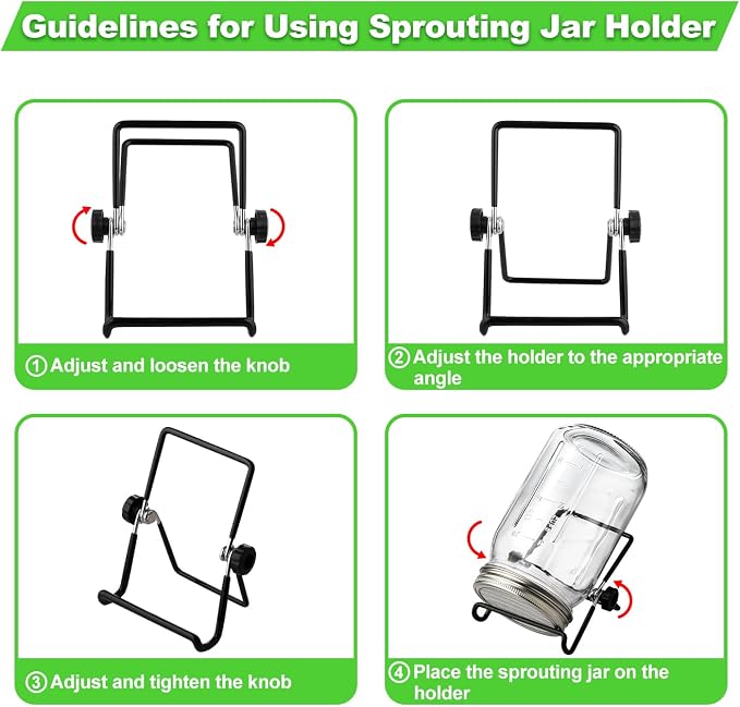 Sprouting Jar Kit 4 PCS 1000ml(35oz) Wide Mouth Mason Jars with 304 Stainless Steel Sprout Lids Drain Tray Stainless Steel Stand Cleaning Brush Sprouts Growing Kit for Bean, Broccoli, Alfalfa