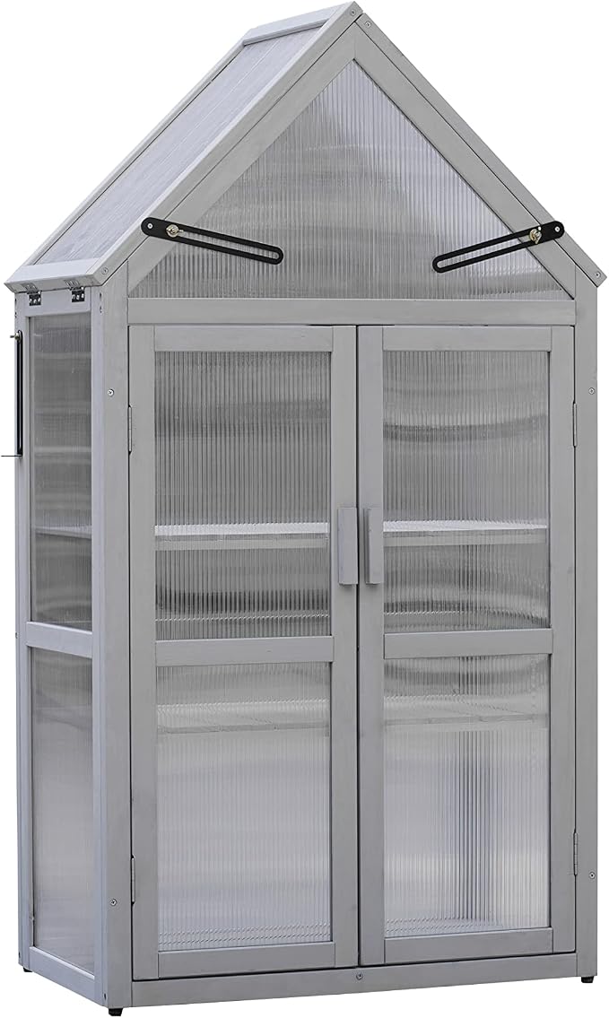 GDFStudio Mini Greenhouse Kit with Adjustable Shelves, Small Outdoor Green House Plant Stand with Adjustable Roof Panels and Wall Brackets Garden & Patio Accessories for Garden Patio Indoor Use, Gray