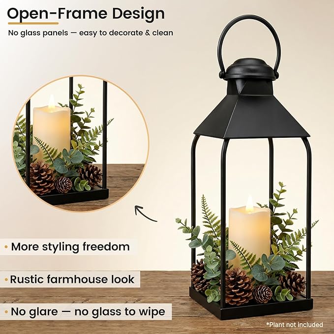 Decorative Metal Lanterns Indoor Outdoor, Set of 3 Farmhouse Lantern Holders Without Candles for Porch, Patio, Fireplace, Floor, Wedding & Holiday Table Centerpiece (Black, 20" 15.7" 12")