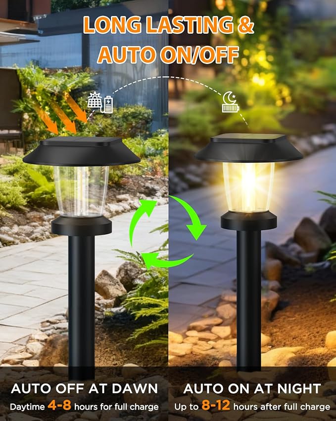 Solar Pathway Lights Outdoor - 8 Pack Solar Powered Garden Lights Waterproof IP65, Decor Landscape Lighting with Three Lighting Modes for Yard, Lawn, Walkway, Driveway, Warm White
