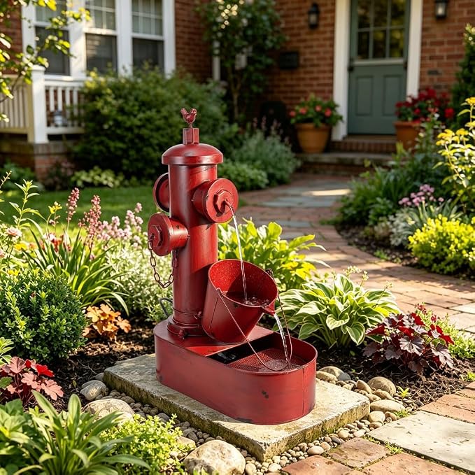 Water Fountain Outdoor, 27" Vintage Waterfall Fountain Red Fire Hydrant, Rustic Metal Outdoor Water Fountain with Tilted Bucket for Garden Patio Yard Deck Decor