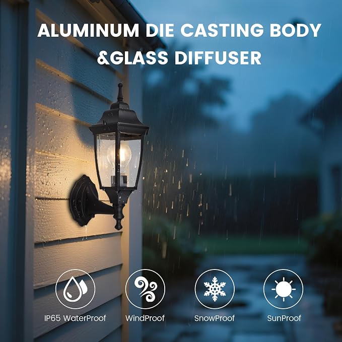 Die-Cast Aluminum & Glass Dusk to Dawn Photocell-Controlled Outdoor Wall Light, IP65 Waterproof Outdoor Light Fixture, E26 Base (60W Max) Porch Light, ETL, UL, CSA Qualified, Black