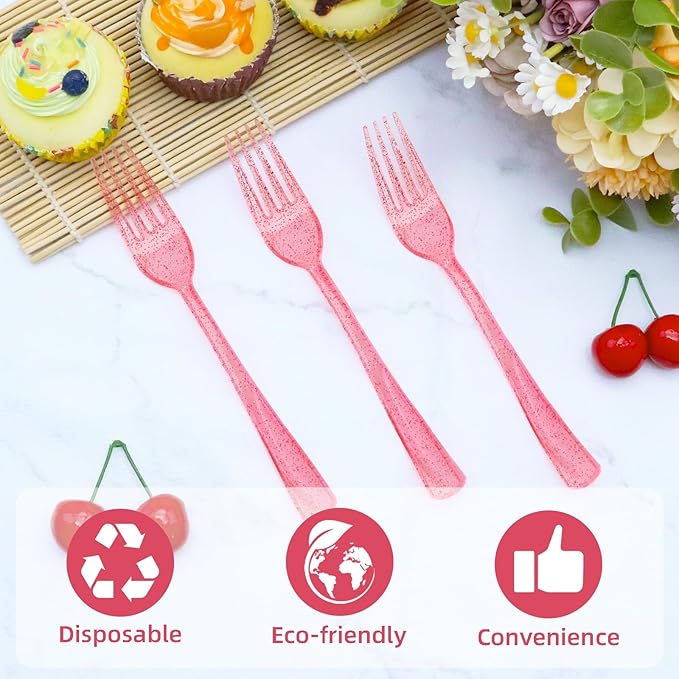 50 Pcs Pink Plastic Forks, Pink Plastic Silverware, Heavy Duty Plastic Cutlery Set Disposable Utensils Sets for Valentine's Day, Brithday, Wedding, Baby Shower, Bridal Shower