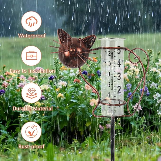 Rain Gauge with Large Clear Numbers, Rain Gauge Outdoor Garden Stake, 5-Inch Glass Tube Rain Water Gauges for Garden, Yard, Lawn, Patio(Cat)