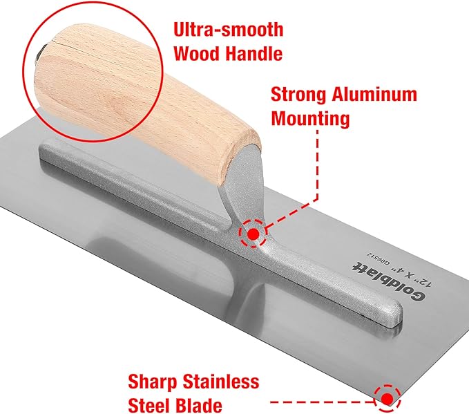 Goldblatt 3 Pieces Drywall Trowel, Carbon Steel Finishing Masonry Trowel Set Includes 14'' x 4'', 12'' x 4'', 8'' x 3'', Lightweight Wood Handle, Plastering Trowel for Sheetrock Wallboard Plasterboard