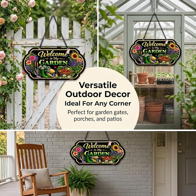 Welcome to My Garden Sign, 10 x 5 Inch Aluminum Metal Hanging Garden Sign with Chain, UV Printed Weatherproof Garden Decor Plaque for Porch, Patio, Greenhouse, Front Door or Outdoor Wall
