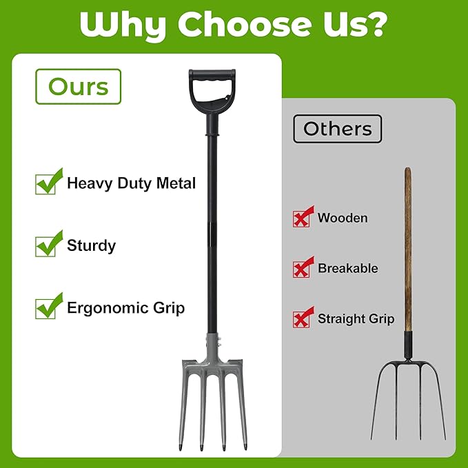Pitch Fork, Metal Broadfork Garden Tool Long Handle, 4 Tine Mulch Hay Manure Digging Bedding Hay Potato Garden Fork Shovel for Gardening Loosening Soil Compost