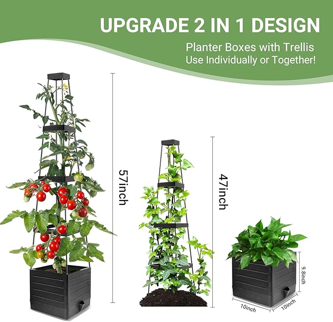 2 Pack Tomato Planter with Trellis 57 Inch, Raised Garden Bed Planter Boxes Self-Watering for Climbing Vegetable, Plants and Tomato Cages for Indoor Outdoor