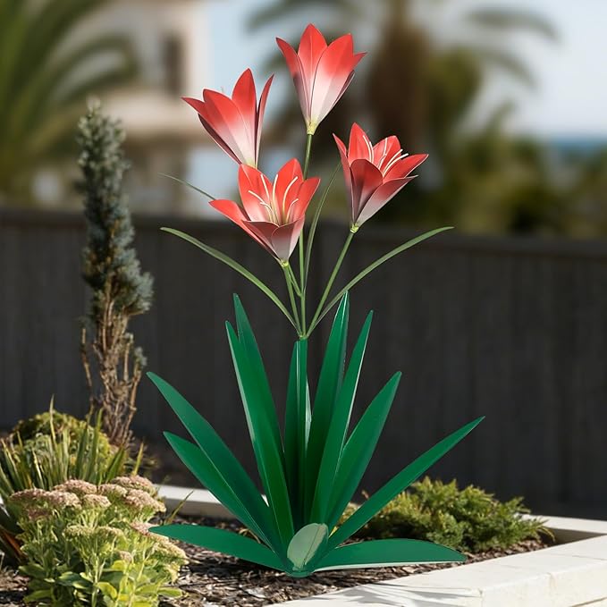 TOMBABY 32.28 Inch Metal Agave Plant Outdoor Decoration Lily Mexican Yard Art Garden Gift Home Decor Hand Painted Metal Agave Garden Yard Statue (1pc, Green)