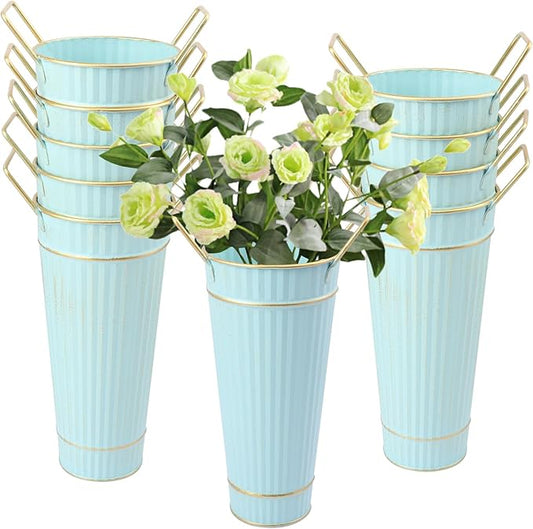 10 PCS 9 Inch Tall Galvanized Flower Buckets, Metal Flower Vase, Rustic Farmhouse French Flower Buckets with Handles for Wedding, Home Décor(Blue)