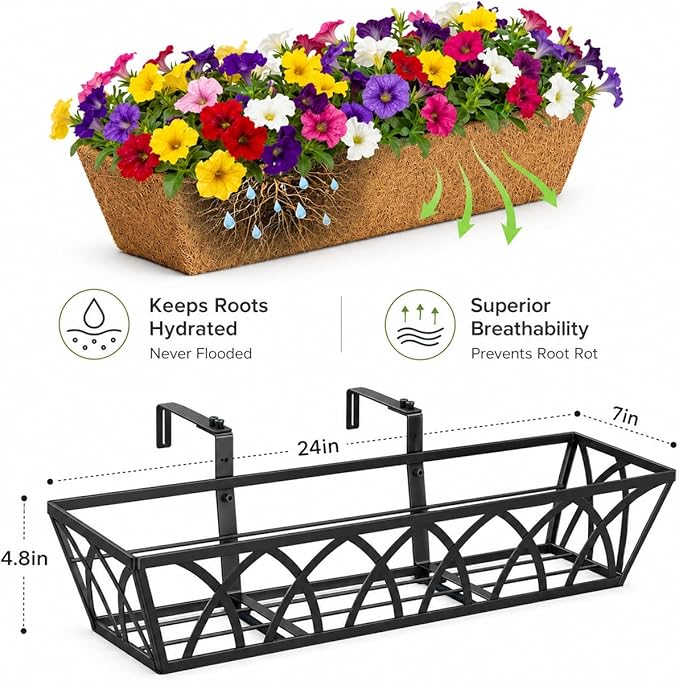 Railing Planter Boxes 24 Inch 2 Pack, Heavy Duty Adjustable Hanging Planters with Coco Liners, 2-in-1 Balcony Planters for Deck Porch Patio Garden