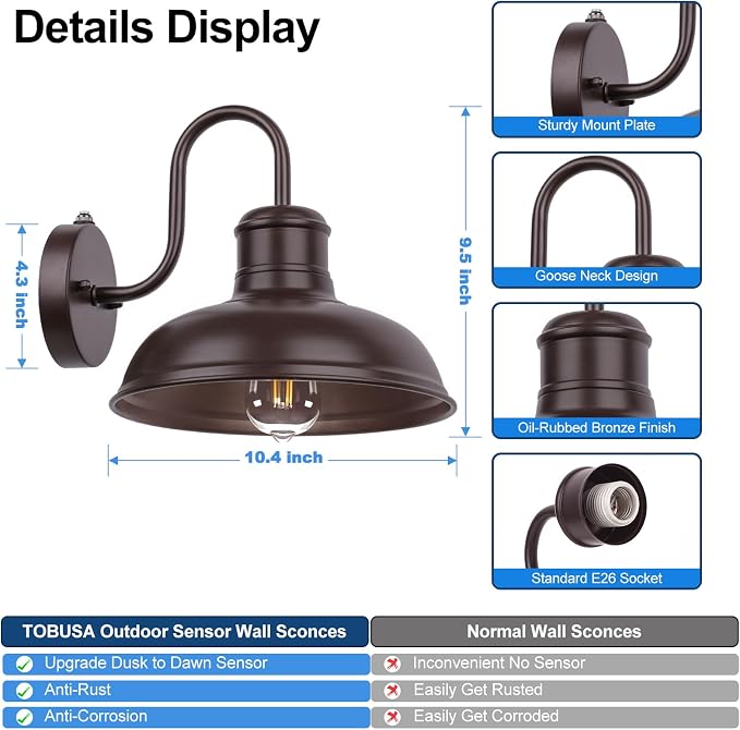 2-Pack Dusk to Dawn Outdoor Wall Sconces, Farmhouse Outside Lighting Gooseneck Barn Lights, Oil Rubbed Bronze Exterior Wall Lights, Anti-Rust Waterproof Outdoor Light for House Porch Garage Entryway