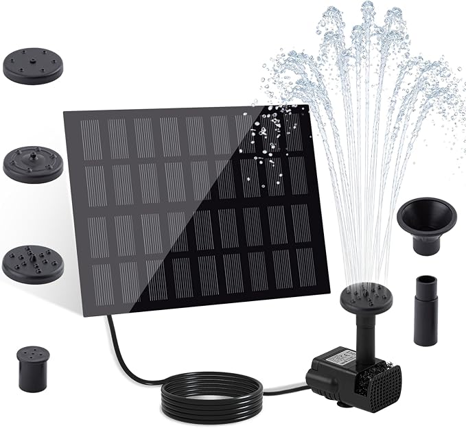 2W Solar Water Fountain, DIY Solar Fountain Pump Kit with 4 Spray Nozzles, 9.84ft Power Cord, Solar Powered Bird Bath Fountain Pump for Garden Pond, Patio, Outdoor Solar Fountain