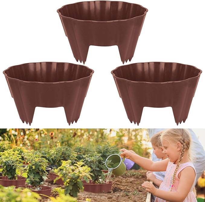 3 Pack Round Planting Grow Rings, 12" Planting Protective Round Edging, Plant Support Rings to Protects Plants, Deep Watering Plant Collars for Vegetables Herbs Flowers (Brown)
