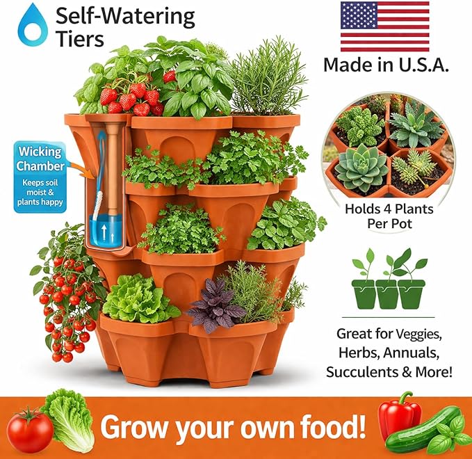 Vertical Garden Planter 4 Tier Stackable System 16 Plants, Space Saving Herb, Strawberry & Food Crop Planter with Center Support Hole for Indoor Outdoor Gardening (4, Terracotta, Large)