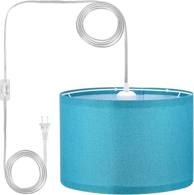 PATIKIL Plug in Pendant Light, 15Ft Rope Cord Hanging Lamp Fixture with ON/Off Switch, Linen Fabric Shade E26/E27 Bulb Socket for Bedroom Kitchen Living Room, Dark Blue