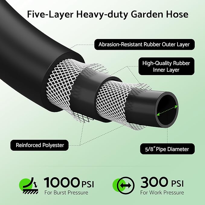 Heavy Duty Garden Hose 100 ft x 5/8", 5-Layer Hybrid Rubber Water Hose with 3/4" Swivel Brass Male to Female Fittings, 1000 PSI Burst, Leak-Proof & Weather Resistant for Lawn, Backyard, Black