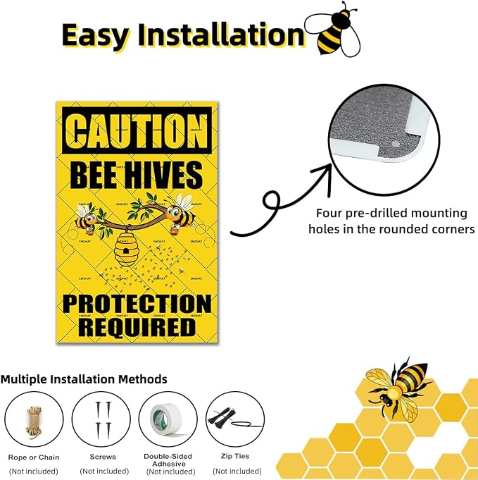 EMOHAT Caution Bee Hives Protection Required Metal Tin Sign, Beekeeping Apiary Warning Sign, 8x12 Inch Rustic Outdoor Theme Decor for Shed Garden Home Office