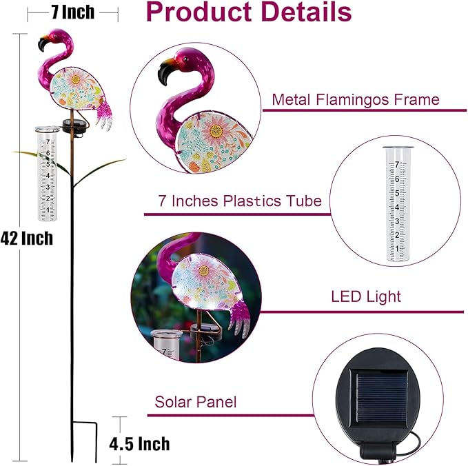 for Wife/Women, Flamingo Rain Gauge Outdoor - Solar Garden Stake Rain Gauges Outdoors Best Rated with LED Lights & Plastic Measuring Cup for Yard Lawn Patio Flowerpot Decor