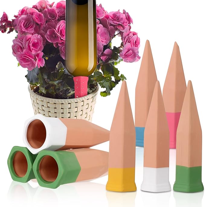 Jovitec 6 Pieces Terracotta Plant Watering Stakes Self Watering Spikes Automatic Plant Waterers Devices for Indoor Outdoor Home and Office Plants (Multi Color)