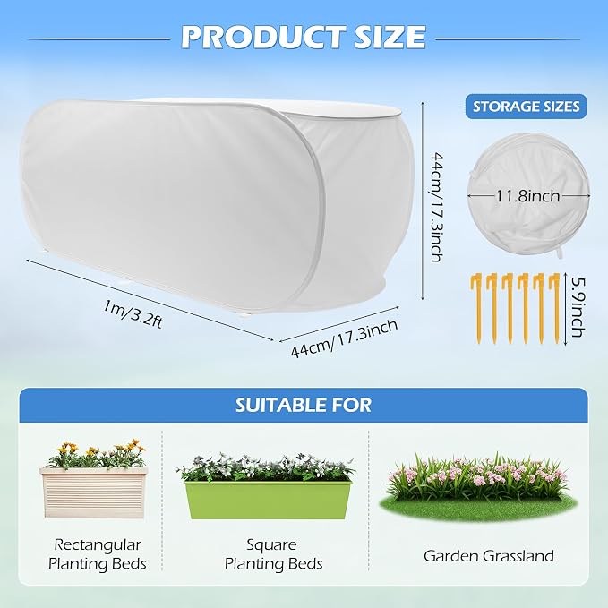 2Pcs Pop-Up Plant Winter Cover, Non-Woven Fabric Shelter with Stakes, Insulated Frost for Garden Beds, Lightweight and Foldable for Shrubs, Vegetables and Small Potted Fruit Trees(2Pcs 39x17x17")
