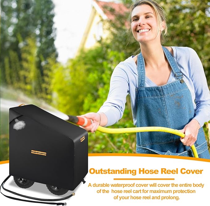 Hose Reel Cart Covers for Outside,Heavy Duty 420D Hosepipes Cover for Garden with Air Vent,Waterproof Strip,2 Reflective Strip Handles,Univeral Protective Hose Holder Cover,All Season Protection