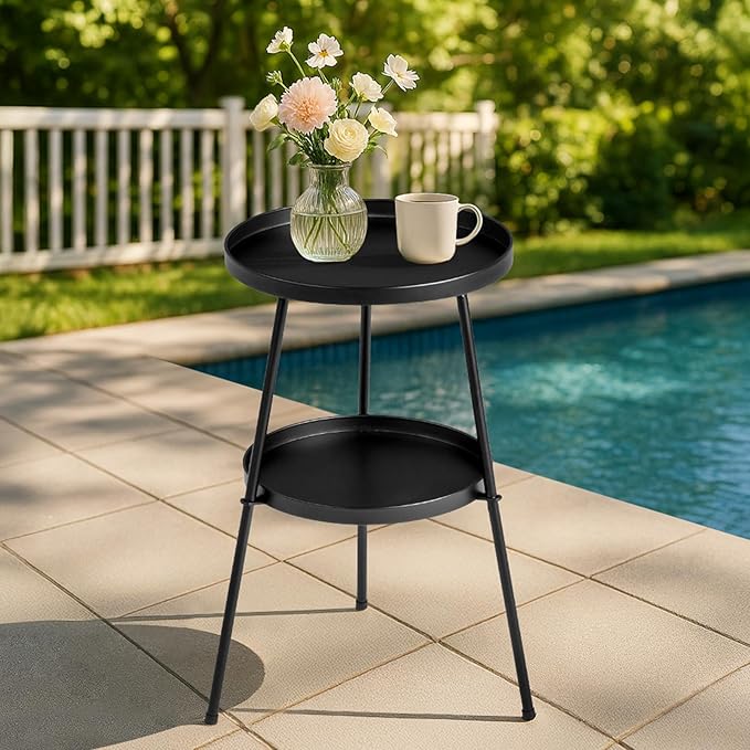 Outdoor Side Table 2 Tier End Table Metal Round Coffee Tables Nightstand for Small Spaces Indoor Outdoor and Living Room Bedroom or Office (Black)
