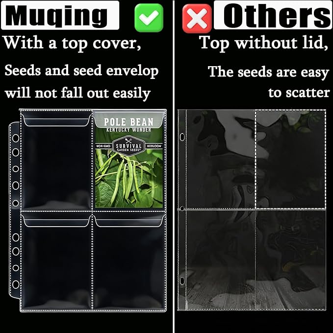 MUQING Seed Storage Organizer Binder, Holds 200 Seed Packets with Flip-Top Lid Sleeves, 50 Pages + 12 Monthly Cards + 4-Season Color-Coded Dividers, Faux Leather Seed Keeper Book for Gardeners (Green)