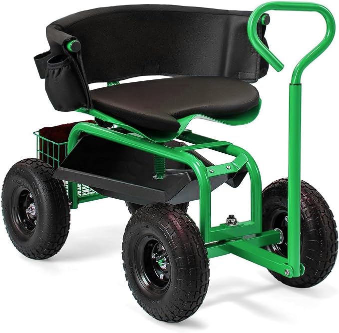 THUNDERBAY Garden Cart Rolling Workseat with Wheels, 360 Degree Swivel Seat, Wagon Scooter with Steering Handle & Utility Tool Tray for Planting, with Storage Basket and Tool Pouch, Green