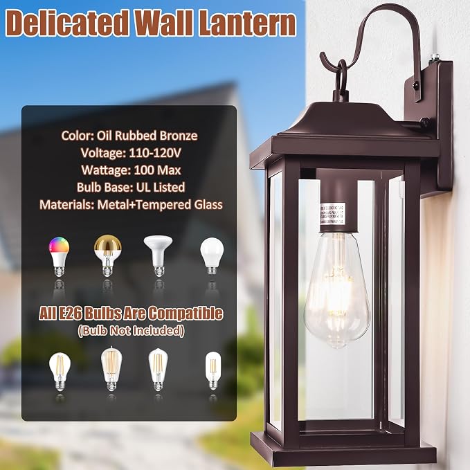 Dusk to Dawn Outdoor Wall Sconces Bronze 2-Pack 17 Inch Large, IP65 Waterproof Exterior Light Fixtures Porch Lights Brown with Clear Tempered Glass E26 Outdoor Light Fixture Anti-Rust