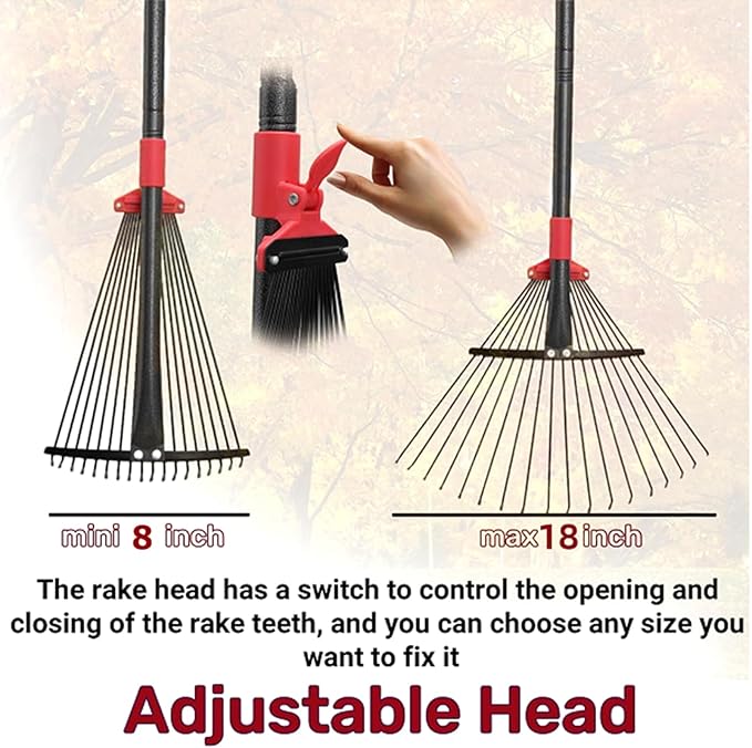 76Inch Adjustable Metal Leaf Rake, 18 Metal Tines Heavy Duty Leaves Rake for Lawns with 8-18" Expandable Head Long Handle Garden Rakes for Women Kids Leaves Yard Gardening Grass Outdoor Camping Debris