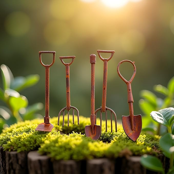 4 Pcs Miniature Dollhouse Garden Tools 1:12 Mini Rusty Shovel Hoe and Pitchfork Fairy Garden Accessories Furniture Ornaments Micro Landscape Decor Garden Sculptures Statues, Decorations