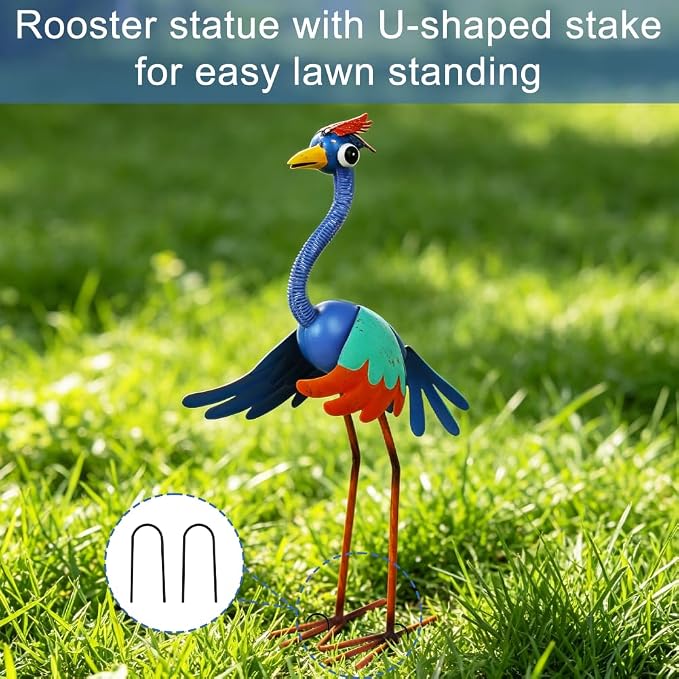 Metal Wacky Heron Garden Statue, 19‘’ Crane Garden Decor for Outside, Bird Yard Art for Outside, Patio, Backyard, Lawn (Blue & Cyan)