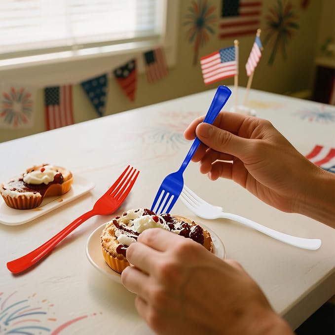 60 Pcs Red White and Blue Plastic Forks, 4th of july Plastic Forks, Heavy Duty Disposable Plastic Cutlery Set for Memorial Day, Election Day, 4th of July Independence Day, Veterans Day Decorations