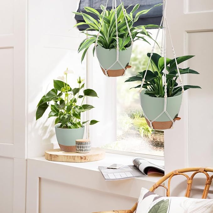 Vanslogreen 12 Inch Hanging Planters for Indoor Outdoor Plants, Self Watering Hanging Pot with Drainage Holes & Removable Tray, Macrame Plant Hanger for Boho Home Decor (Ivory+White) (Ivory+Green)